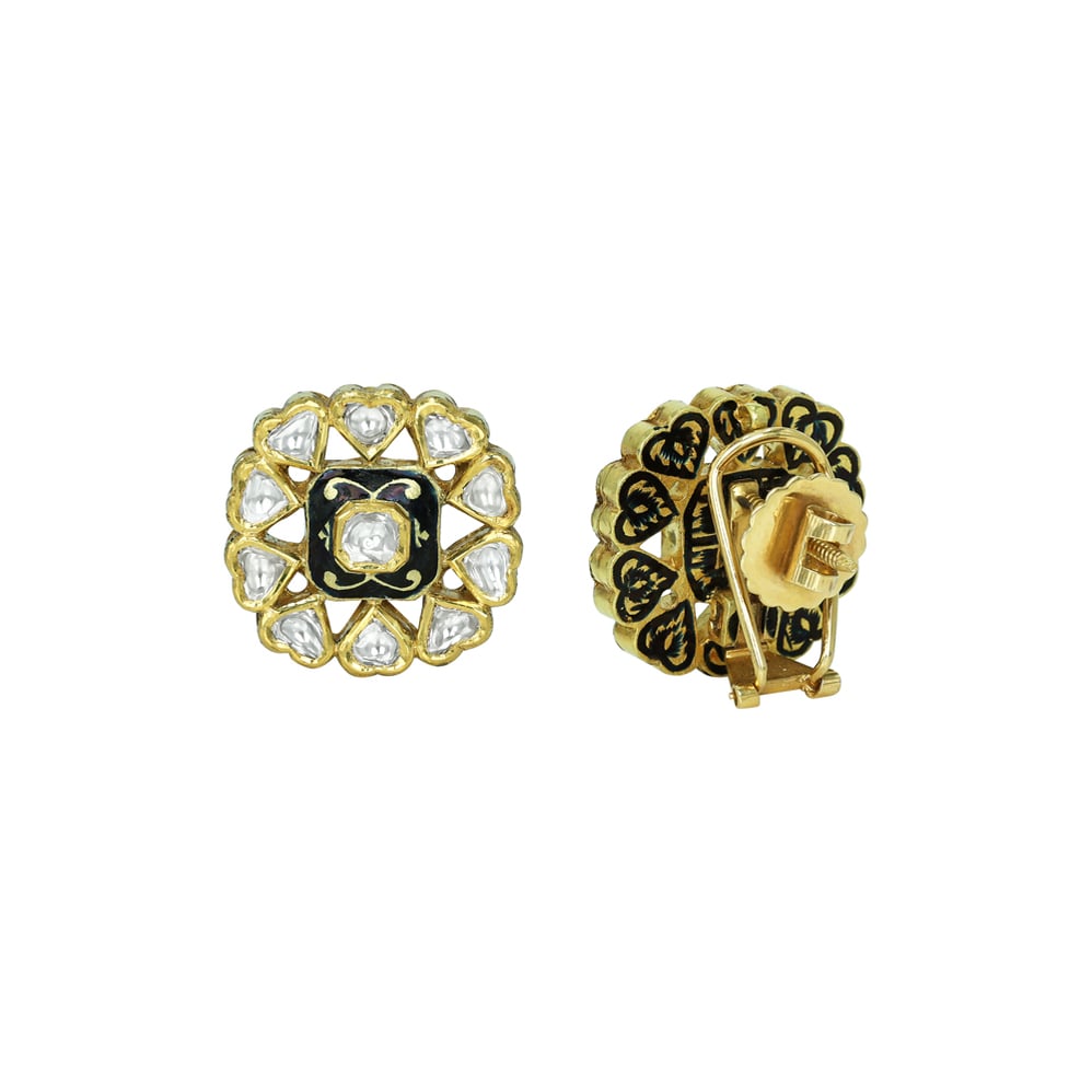 Polki Stud Earrings with Black Enamel and Teardrop Halo
